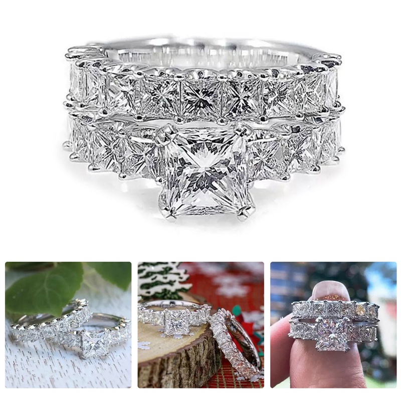 Trendy Mewah Princess Cut Cubic Zirconia Promise Rings Untuk Wanita Kristal Pertunangan Pernikahan Rings