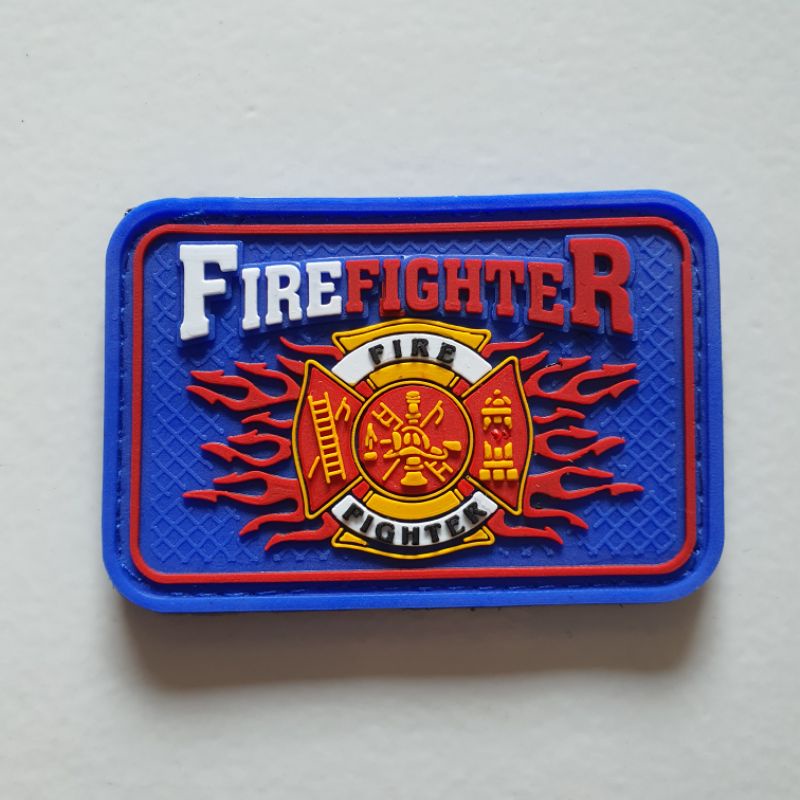 patch rubber logo fire fighter dasar biru / damkar / pemadam kebakaran /tempelan emblem karet velcro