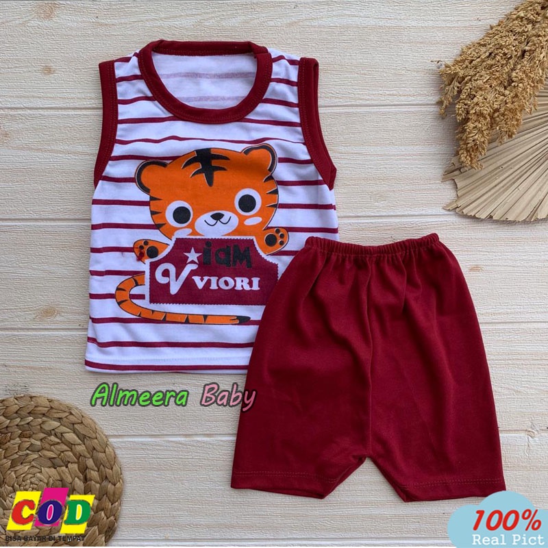 Setelan Baju Bayi Celana Pendek Singlet Bayi Usia 3-12 Bulan Motif Tiger Almeera Baby and Kids