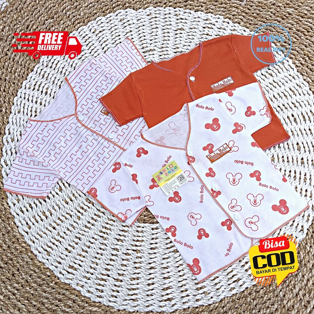 SALE 7.7 Serian Merah Bata - 3 pcs Baju Bayi Tangan Pendek Bayi Baru Lahir 0 sd 3 Bulan Brick Red Series merk SNI Bolo - Bolo