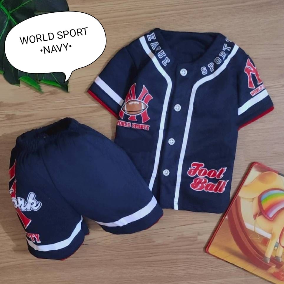 Setelan Baju Anak Laki-laki Atasan Dan Celana Bahan Kaos Lengan Dan Celana Pendek Motif World Sport Estimasi Usia 3-12 Bulan