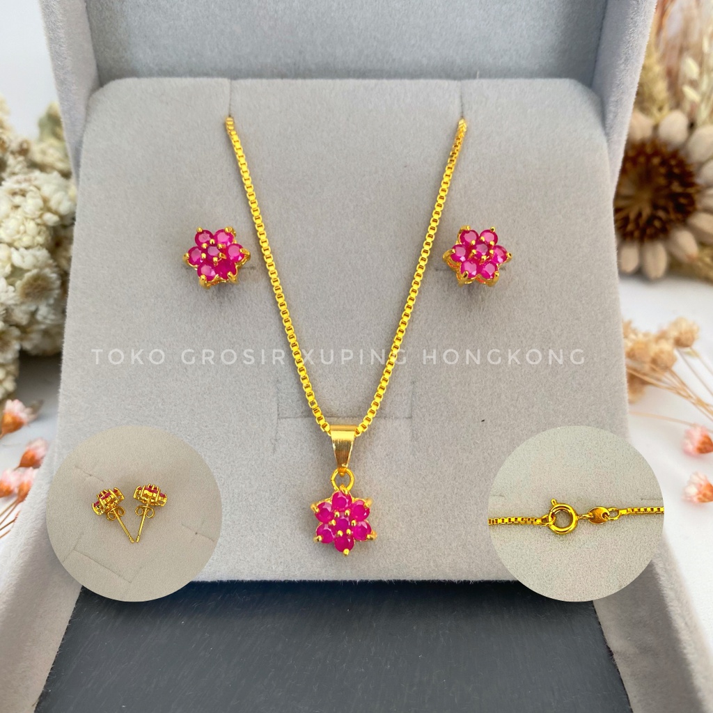 Set Perhiasan Xuping Hongkong Lapis Emas Hongkong Permata Batu Mirah Asli Set bukan palsu Perhiasan 