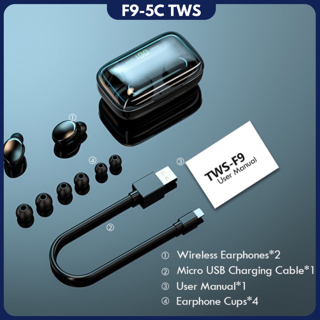 Headset Upgrade Baru F9-5 Tampilan LED TWS  Bluetooth with Mic Sentuh Olahraga Tahan Air Henset Bloetooth HiFi Stereo Wireless F9-5C Black