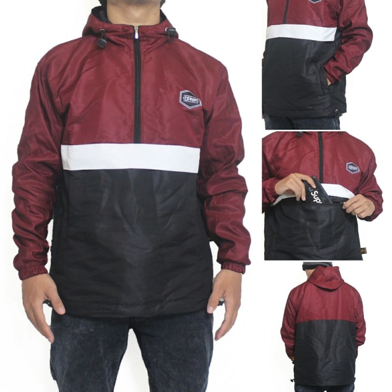 Jaket Cagoule Taslan Waterproof Zipper Djbred - Marun Putih Hitam Termurah