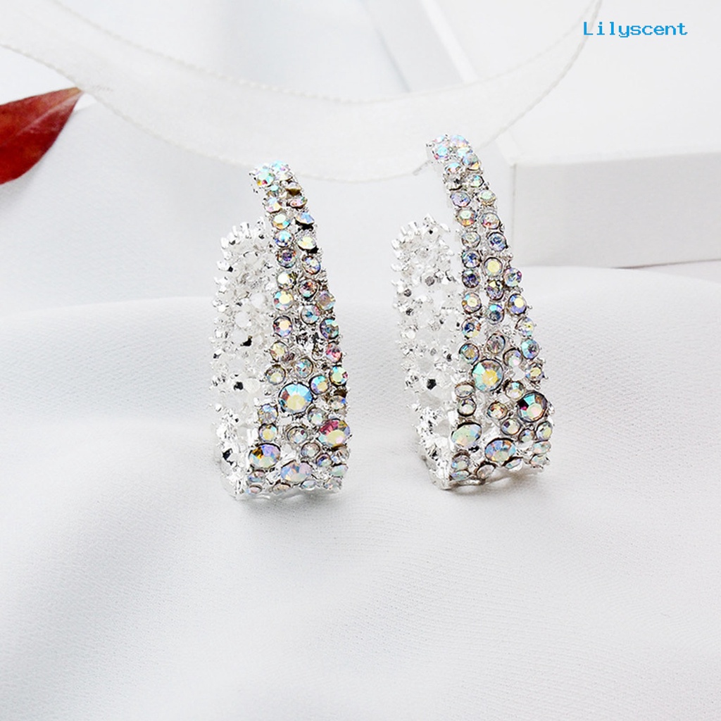 [LS] Wanita Ear Studs Shiny Berlian Imitasi Warna-Warni U-shaped Stud Earrings Perhiasan Tindik Untuk Pesta