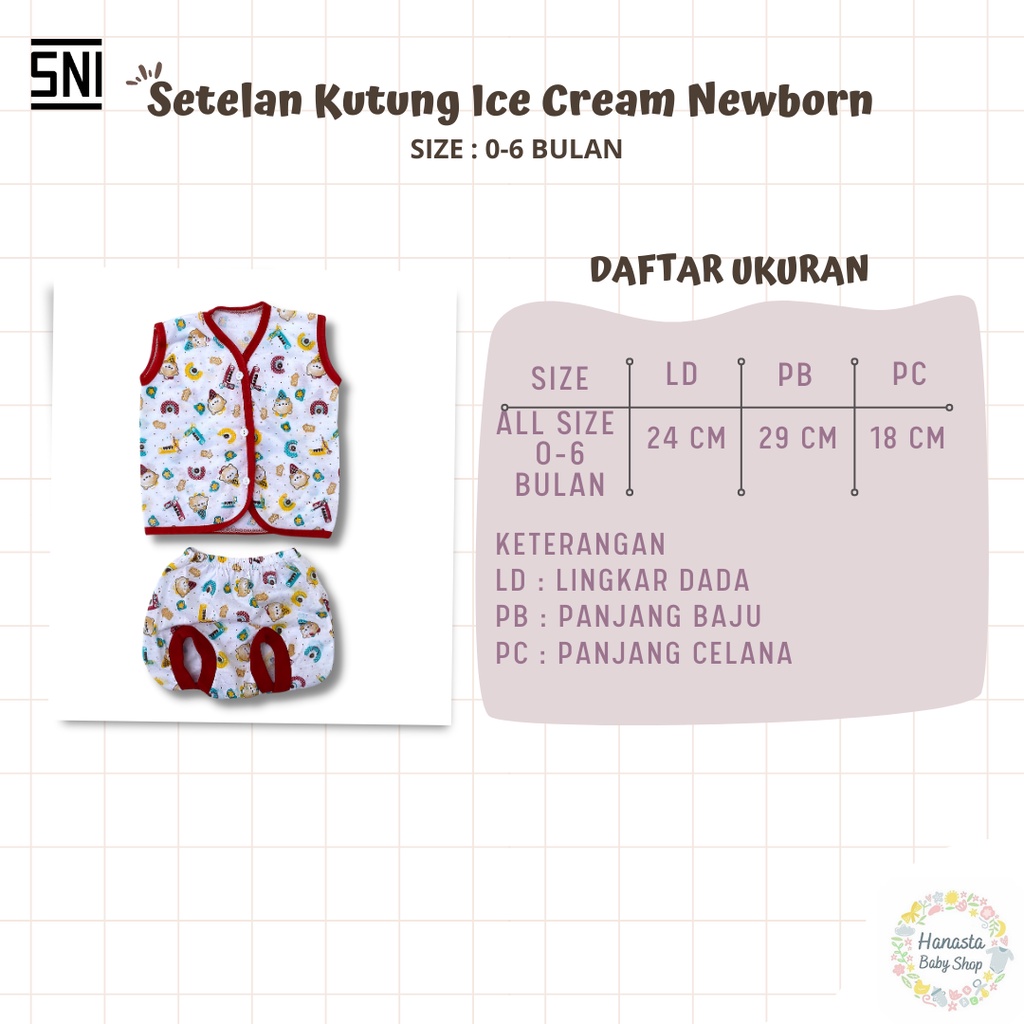 Baju Bayi Newborn Setelan Lengan Kutung Baru Lahir Katun Ice Cream 0-6 Bulan