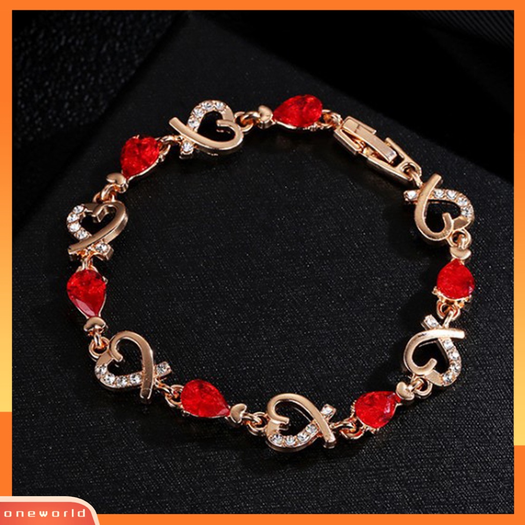 {oneworld} Hati Berongga Wanita Gelang Zinc Alloy Warna-Warni Berlian Imitasi Rantai Gelang Perhiasan Aksesori