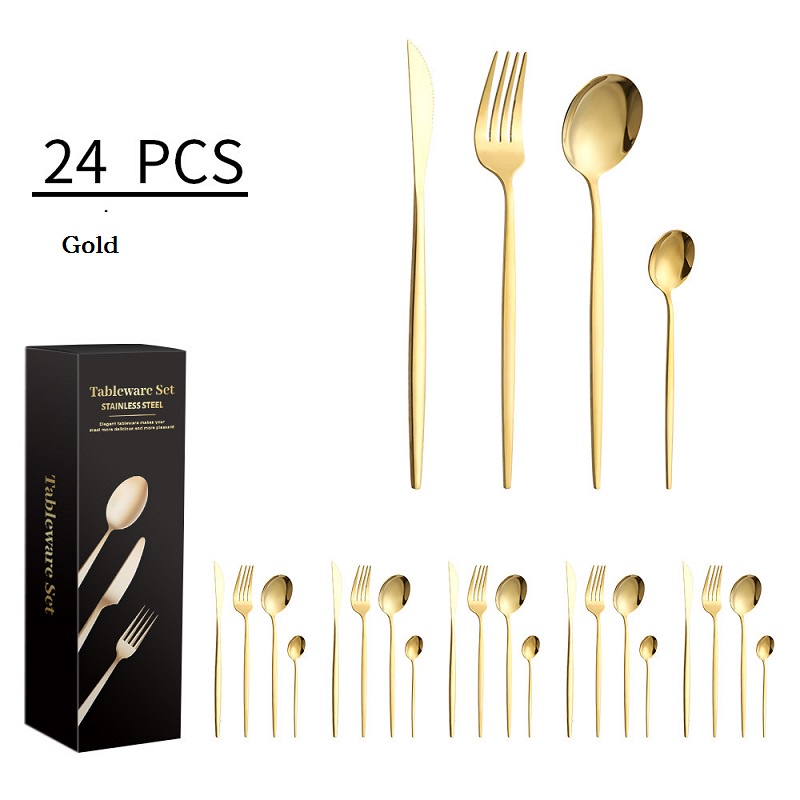 Emas Cutlery Set 24Pcs Perlengkapan Makan Sendok Garpu Pisau Sendok Teh Classic Mewah Stainless Steel