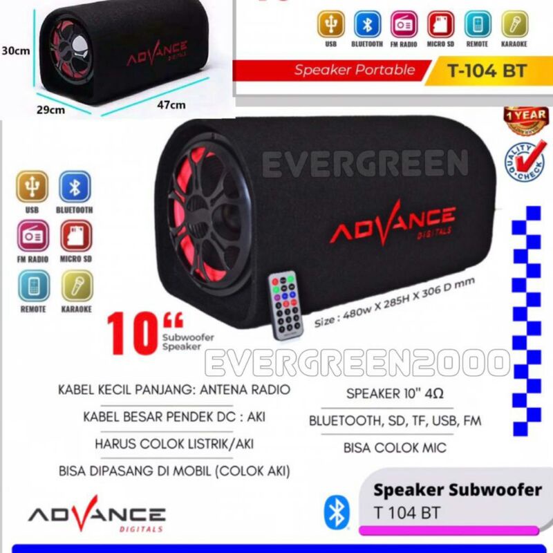 ADVANCE Subwoofer 10" in (T-104 BT) with Bluetooth + Free Mic (speaker aktif for Karaoke - Hp / tape