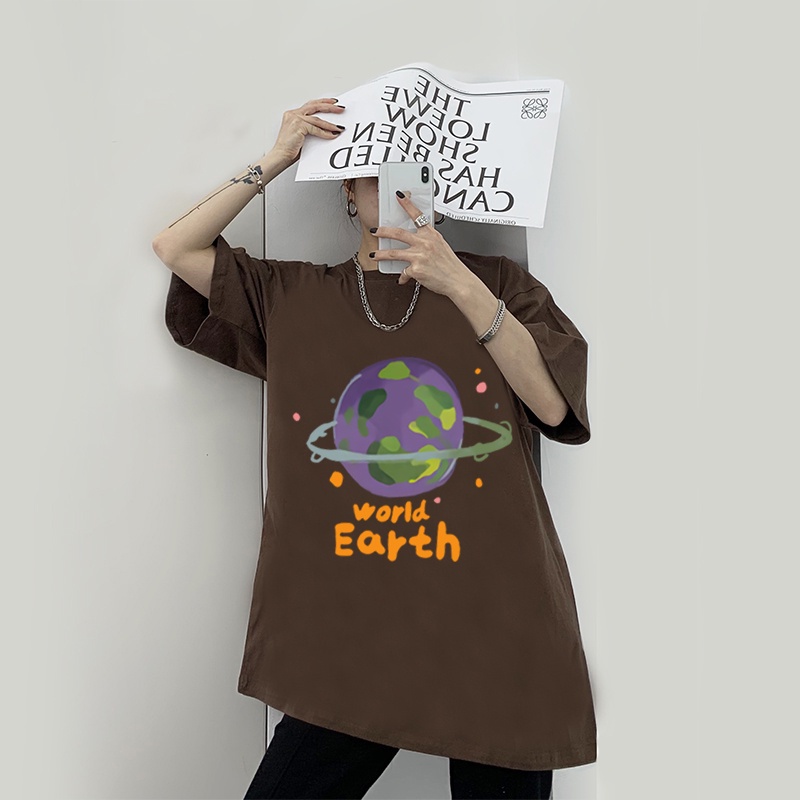 100% Katun Graphic Tee Baju Wanita Earth Print Atasan Wanita Oversize Kaos Putih T-shirt Couple Korean Style/kaos murah