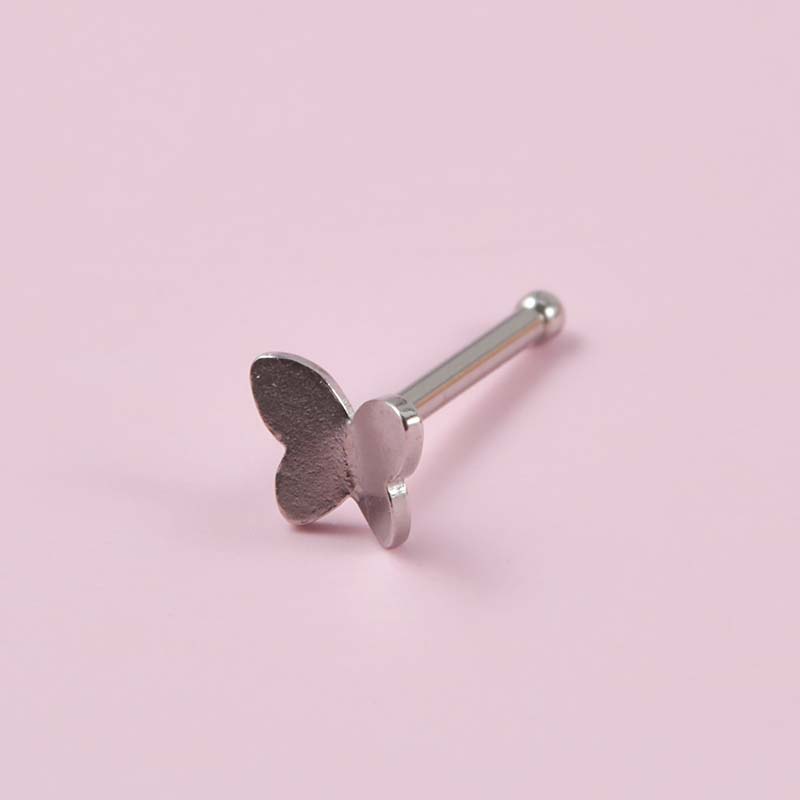 1biji Stud Hidung Bentuk Kupu-Kupu 20Gauge Piercing Stainless Steel Warna Silver Stud Bentuk L