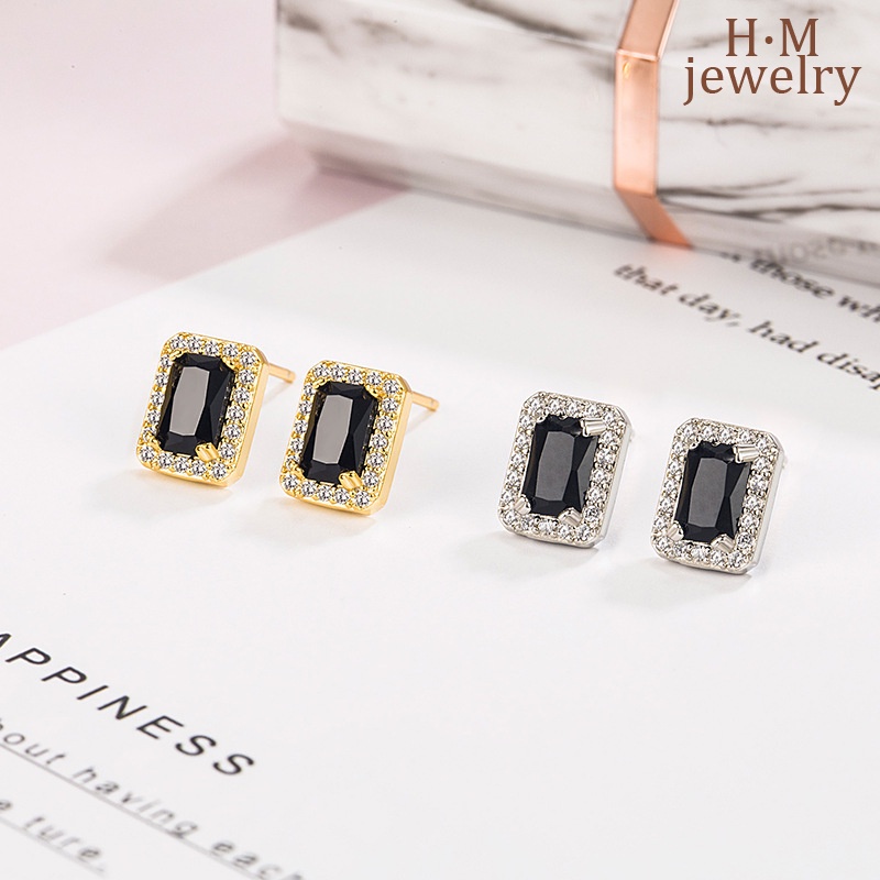 Anting Hitam AAA Zircon Square Kecil Dan Halus Ear Stud Premium Frosty Style Earrings