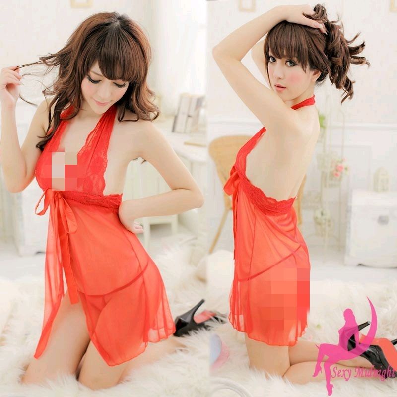 Set Lingerie Dress Sexy + G String Model Halter Lace Pita