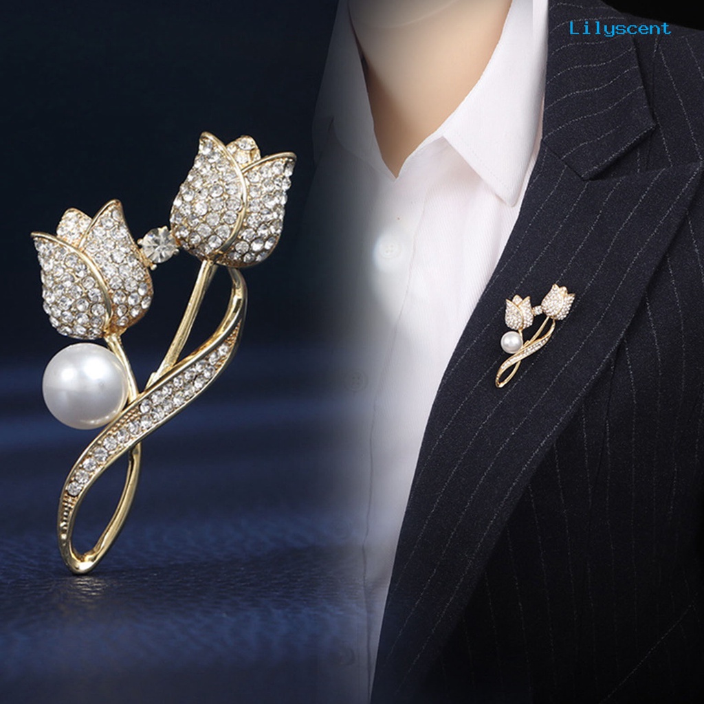 [LS] Lady Pin Berlian Imitasi Mutiara Imitasi Bentuk Tulip Shiny Women Brooch Untuk Prom