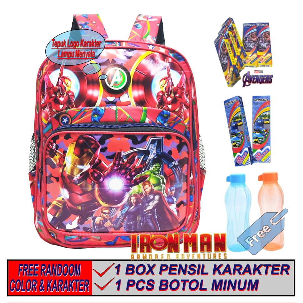 Tas Sekolah anak Laki Laki LED lampu karakter  AVENGERS IRONMAN ransel nyala PAUD/TK FREE BOTOL