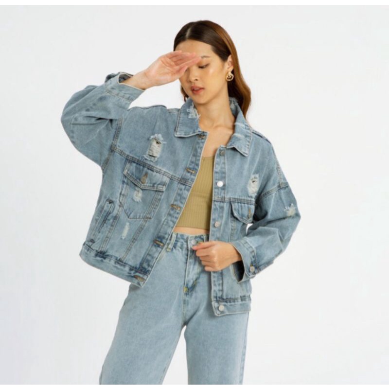 Jessy Jaket Jeans Ripped Sobek Wanita Kekinian Oversize