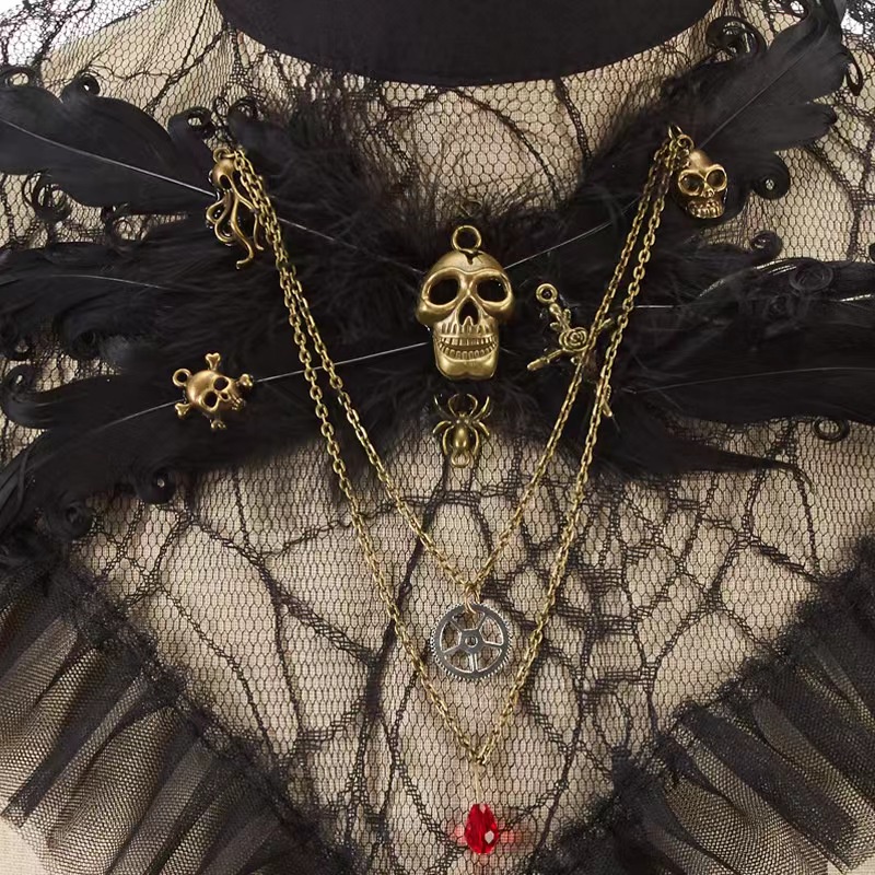 Gothic Cobweb Pattern Lace Ruffle Collar with Alloy Skull Head Chain 8585