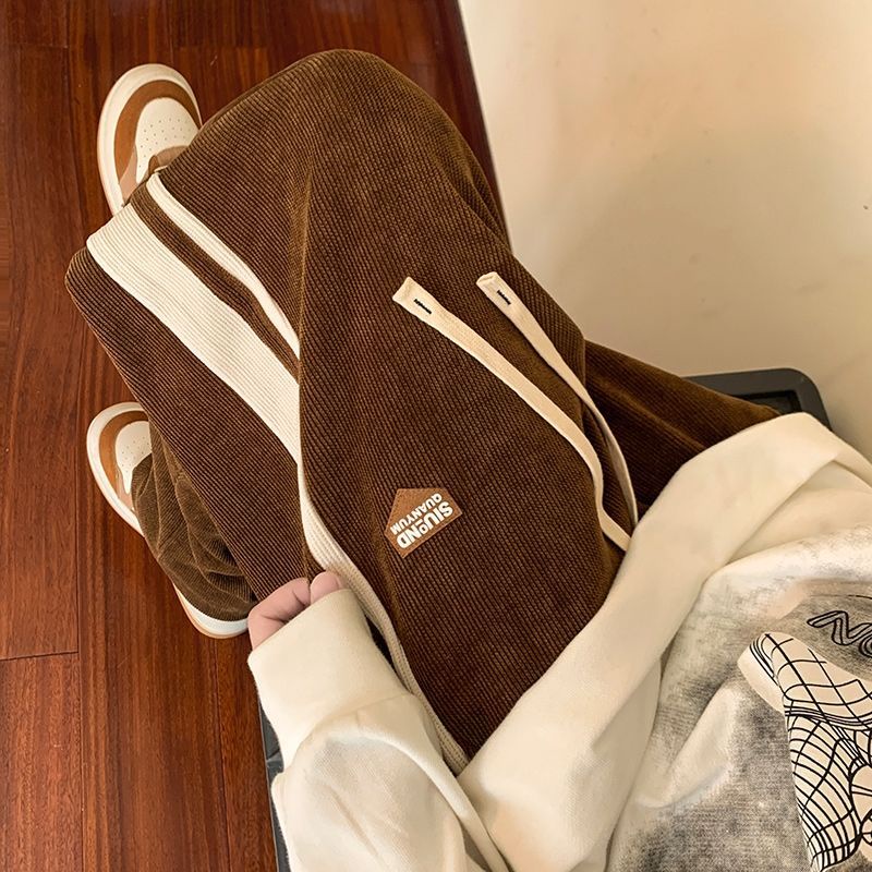 Red Musim Gugur dan Musim Dingin Fleece Kasual Celana Wanita High Street Pasangan Gaya BF All-Match Lebar Kaki Olahraga lurus Celana In Keren