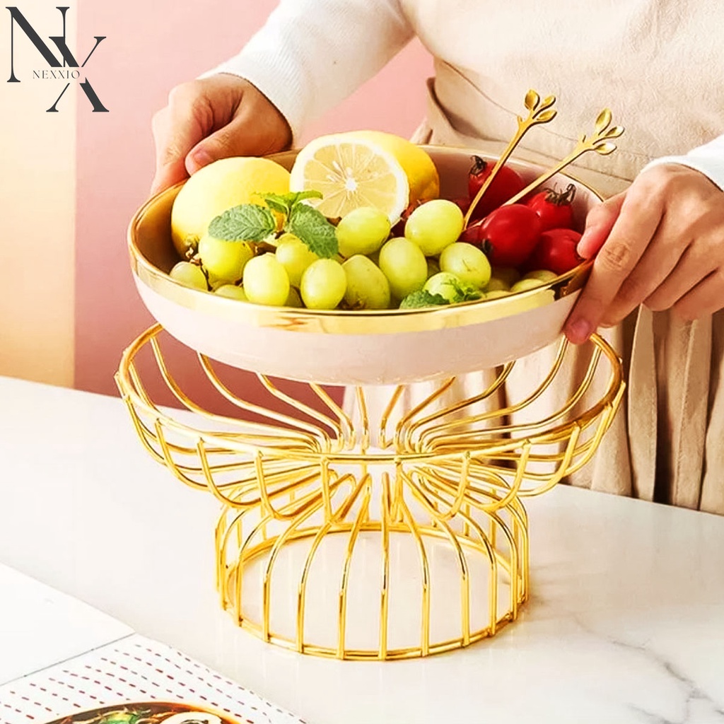 NexXio TEMPAT BUAH KERAMIK GOLD DUDUKAN STAINLESS GOLD / Ceramic Fruit Tray / Tray Tempat Buah / Tempat Buah Keramik Elegant