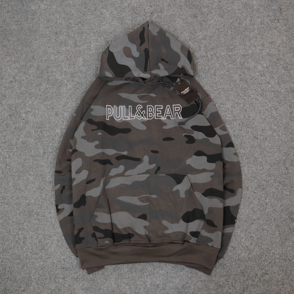 Sweater Hoodie PULL&BEAR Camo Embroid Grey Sweatshirt Jacket Katun Fleece Premium