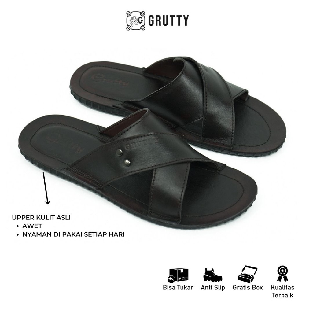 Sandal Pria Kulit Grutty DC023 ORIGINAL Sendal Slide Fashion Coklat