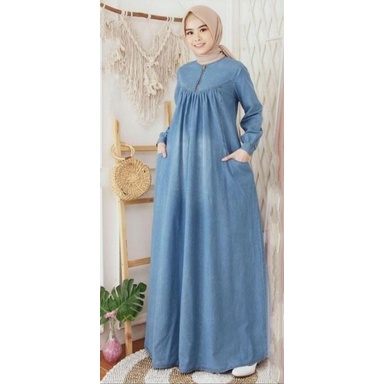 GAMIS JEANS WANITA AMBI DRESS | BAJU MUSLIM WANITA JUMBO MOTIF POLOS KEKINIAN