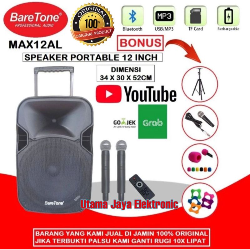 Speaker Portable BARETONE MAX12AL 12 Inch Bluetooth Wireless Original