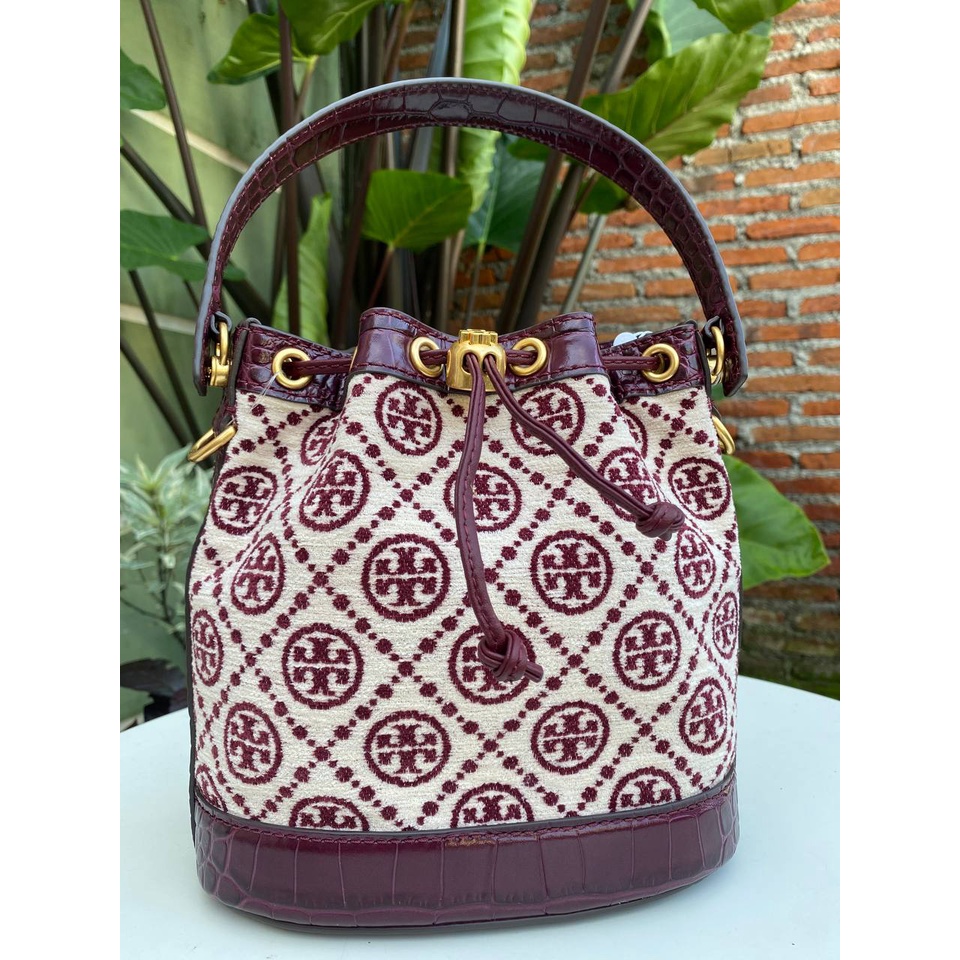 Tas Tory Burch T Monogram Chenille Mini Bucket Bag Claret New Cream