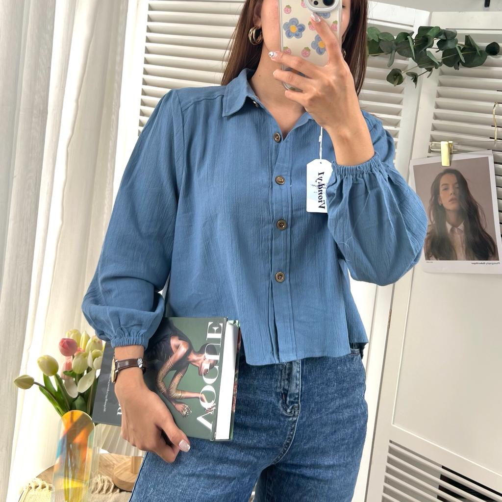 Atasan Wanita Korea Crop / Kemeja Linen Polos / Shirt Lengan Panjang / Blouse Longshirt E09