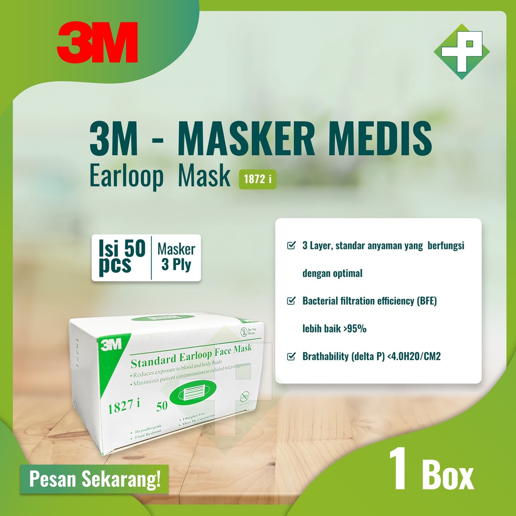 Masker Earloop 3M 1827i Surgical Mask 3ply 1 Box isi 50's