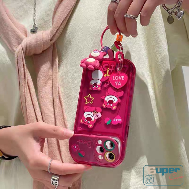 IPHONE Casing Ponsel Cermin Make Up Flip Kreatif Kompatibel Untuk Iphone11Xr X13 12 14 Pro Max7 8 14 Plus XS MAX SE Kartun Lucu Strawberry Bear Manyo Lembut TPU Rose Red Silicon Case