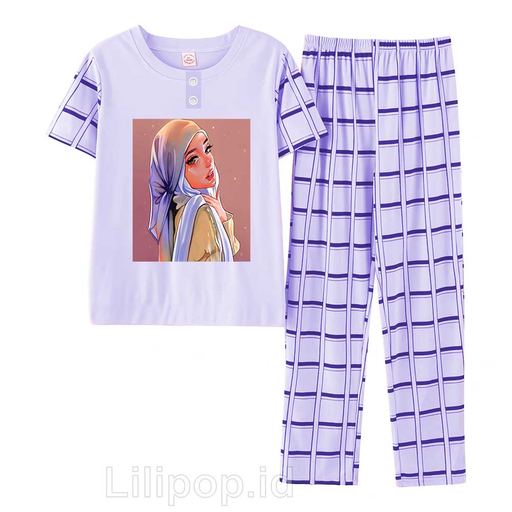Lilipop.id  Baju Tidur Wanita CP muslimah Setelan Piyama BabyDoll Kaos Celana Panjang