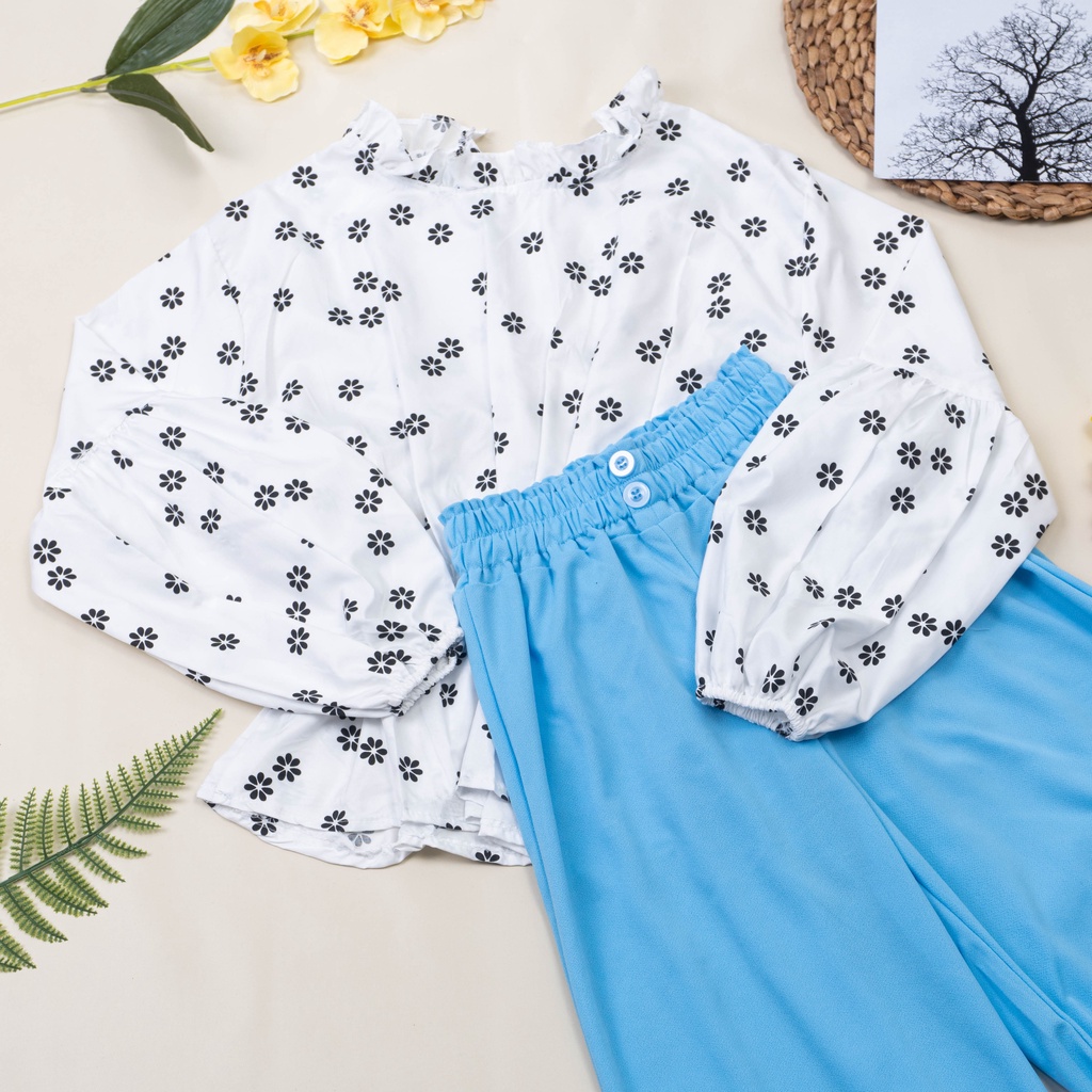 IL - SETELAN BYTHA MOTIF BUNGA TERBARU / ONE SET KULOT BUTTON 2 KANCING BAHAN CREPE PREMIUM-BYTHA PUTIH+BIRU