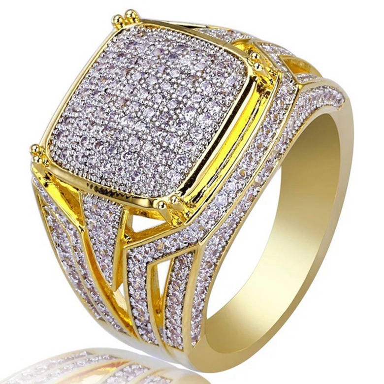 Goldkingdom Fashion Perhiasan Aksesoris Ready Stock Baru Berlapis Emas Asli Kadar 375 Persegi Pria Penuh Berlian Cincin Eropa Dan Amerika Dua Warna Pertunangan Cincin