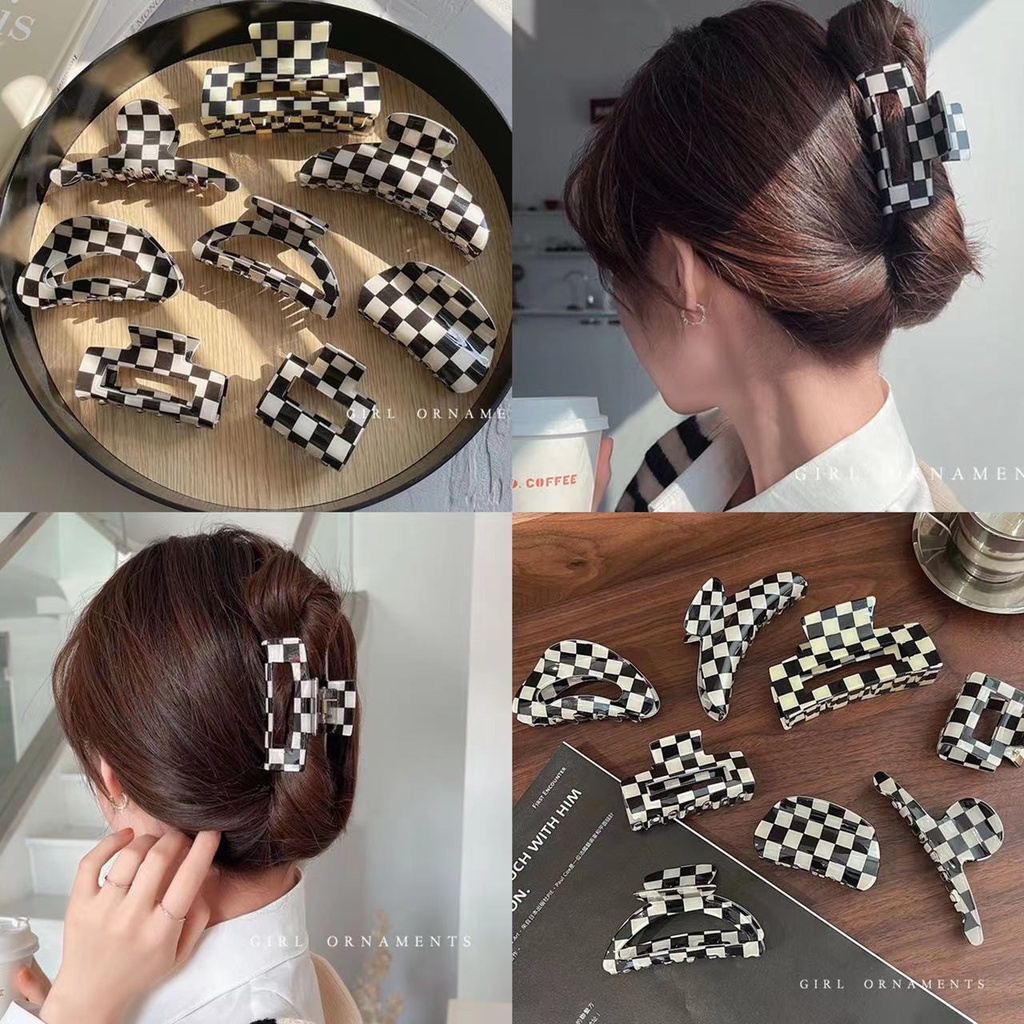 Chessboard Grid Hair Grab the Female Hair Clip Balik Kepala Kepala Jaring Korea Elegan Merah High -end Hair Grab the Shark Clip Hiasan Kepala