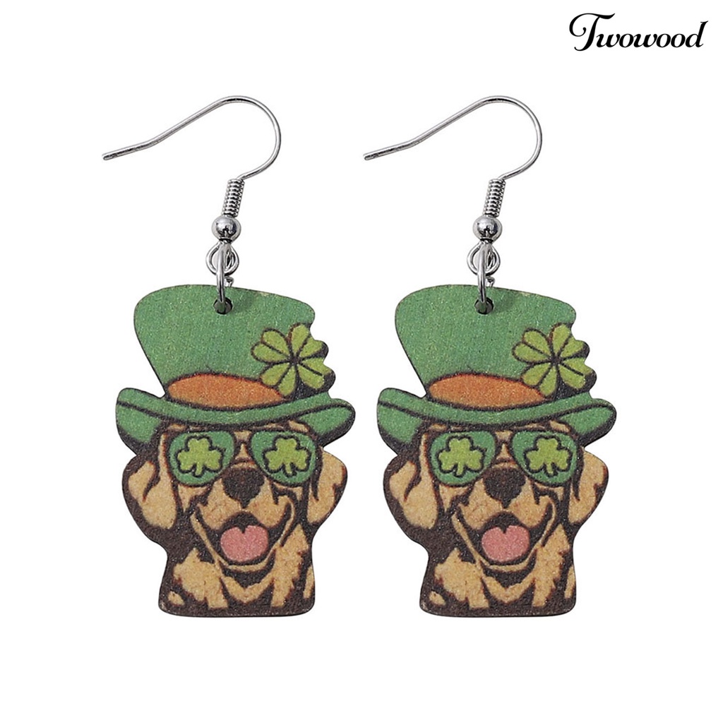 Twowood 1pasang Kait Anting Kayu Dua Sisi Shamrock Clover Lucu Irish Hijau Topi Anjing Menjuntai Anting Perlengkapan Hari Saint Patrick