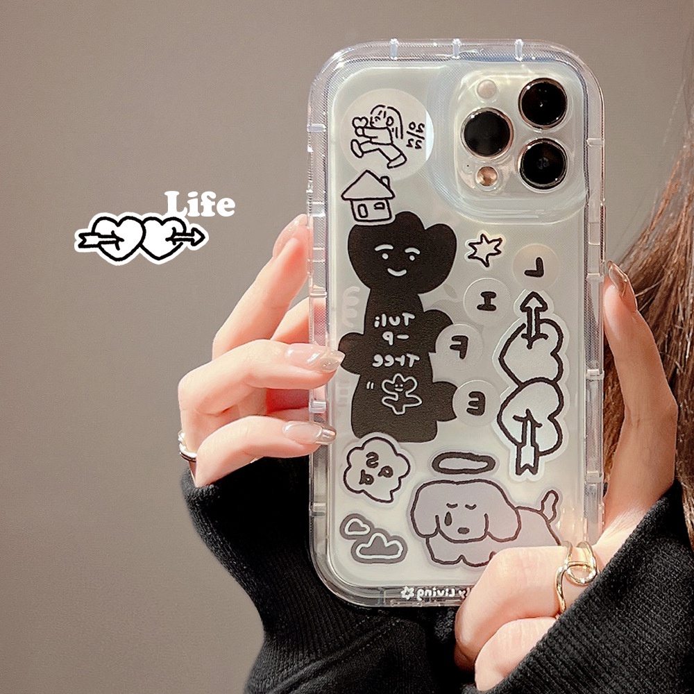 IPHONE Kartun Doodle Puppy Dogs Label Stiker Dicetak Pelindung Lensa Kamera Transparan Phone Case Cover Untuk Iphone11 12 13 14 PLUS PRO MAX TPU Shell