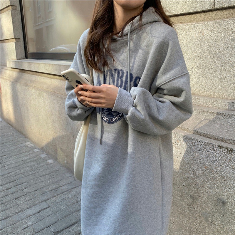 Huruf Cetak Hoodie Dress Korea Fashion Kasual Panjang Hoodie Y2k Sweatshirt Hangat Musim Dingin Plus
