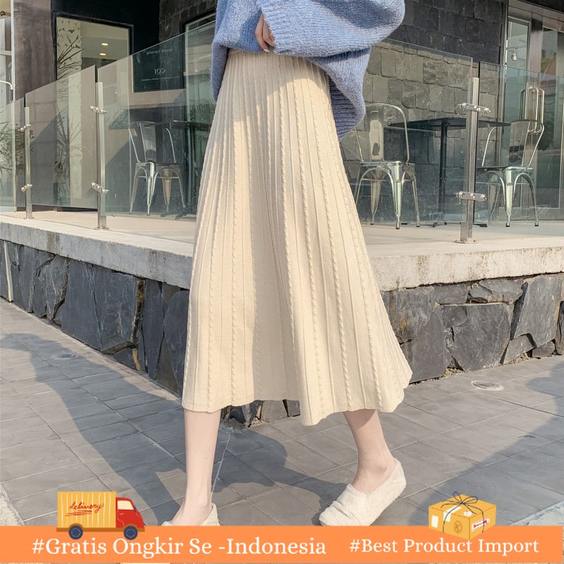Rok Wanita  Rajutan Rok Lipit Payung Rok Panjang   Pinggang Tinggi A-Line Cover Rok Pelangsing baju 