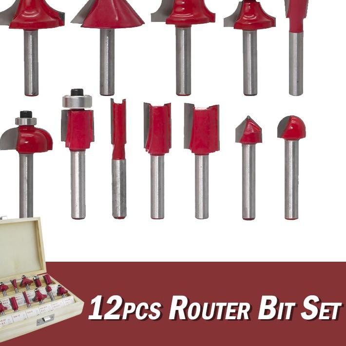 ✯ Suksestech Router Bit Set 12 Pcs Mata Mesin Profil  1/4 Box Kayu Lengkap  ♚