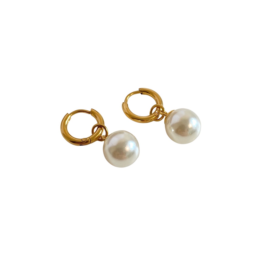 18k French Retro Pearl Pendant Earrings Perempuan Baja Titanium Anting Gesper Telinga Sederhana