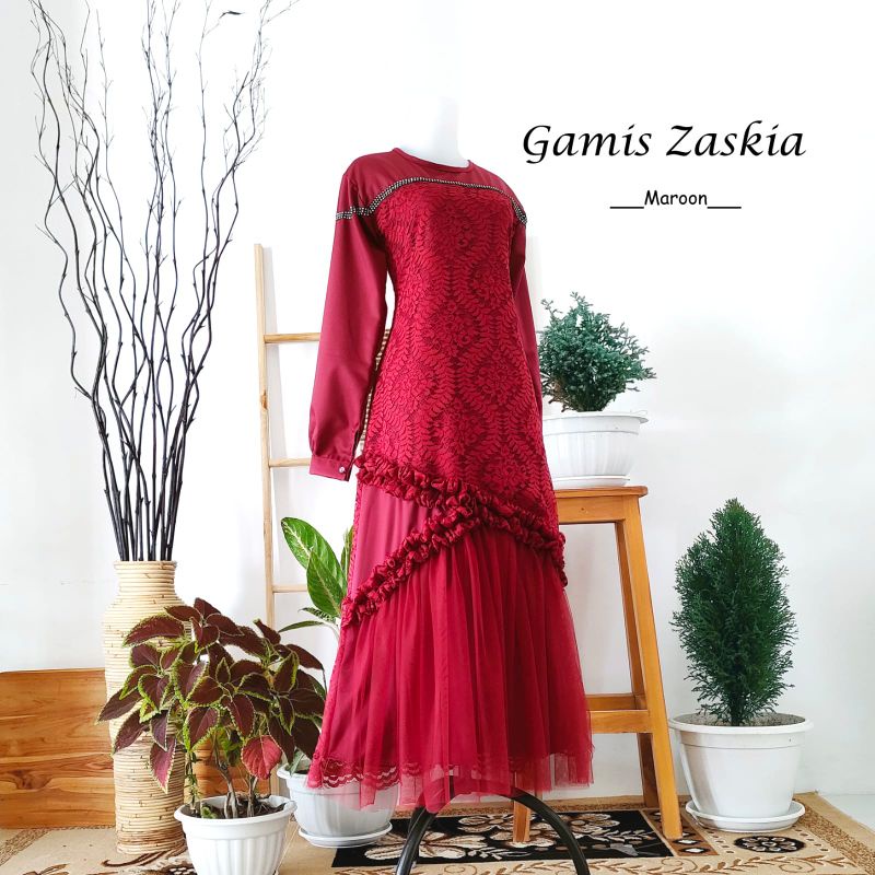 gamis zakia maroon/gamis lebaran terbaru/gakis brokat terbaru/gamis couple keluarga/gamis couple ibu dan anak