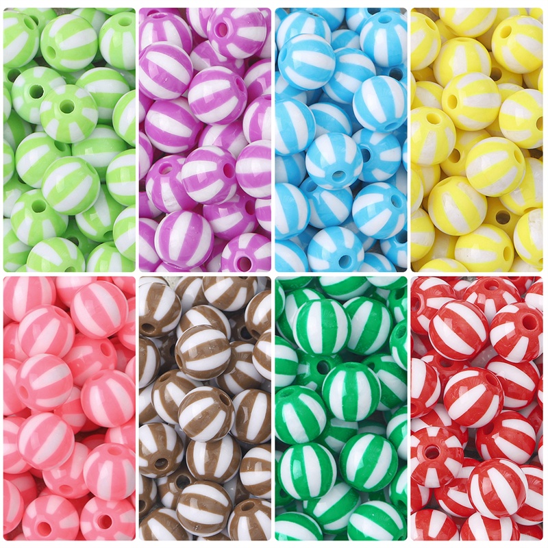 10pcs Akrilik Warna-Warni Bergaris Bulat Beads Clara Jelly Warna Longgar Berjarak Beads Perhiasan DIY Gelang Kalung 12mm