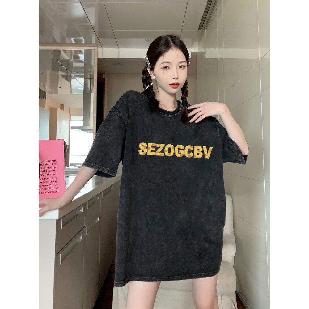 XIAOZHAINV Korean Style Letter Pattern Washed Printing Kaos Wanita A0246