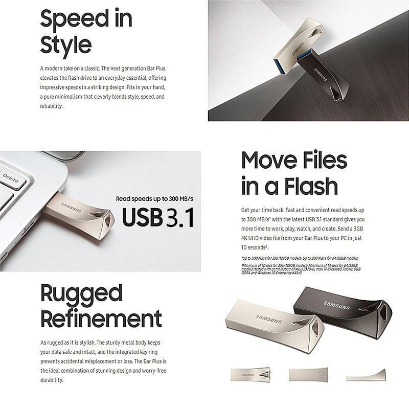 Samsung USB 3.1 USB Flash Drive 400MB/s Metal Pen Drive Flashdisk Samsung Flash Drive BAR Plus 16GB/32GB/64GB/128GB Metal Mini Pen Drive Pendrive Memory Stick Storage