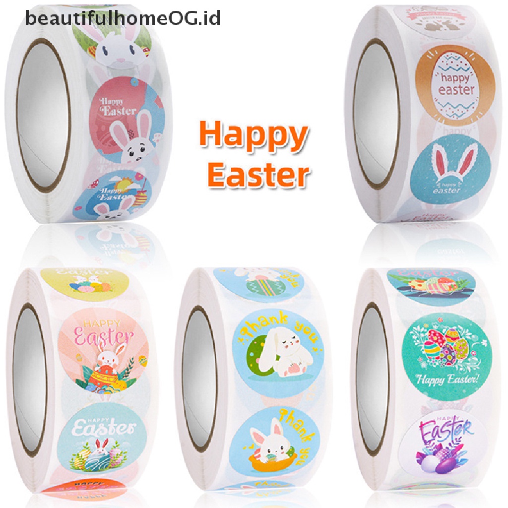 // Beautifulhomeog.id// 500pcs/roll Stiker Happy Easter Kelinci Lucu Sealing Sticker Decor Tag **