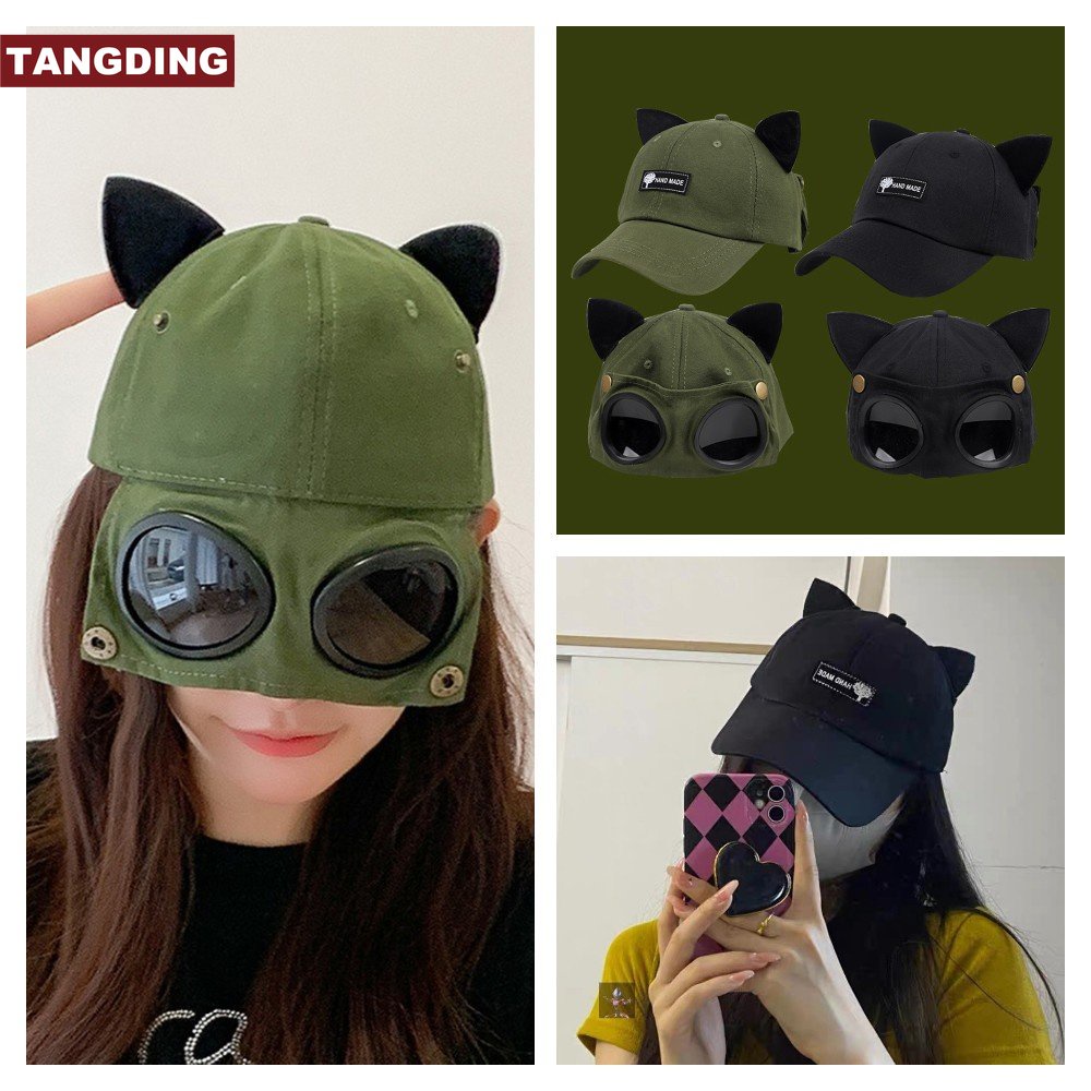 [COD Tangding] Kepribadian Dua Sisi Pilot Telinga Kucing Kacamata Hitam Topi Lucu Pria Wanita Hip-hop Topi Baseball