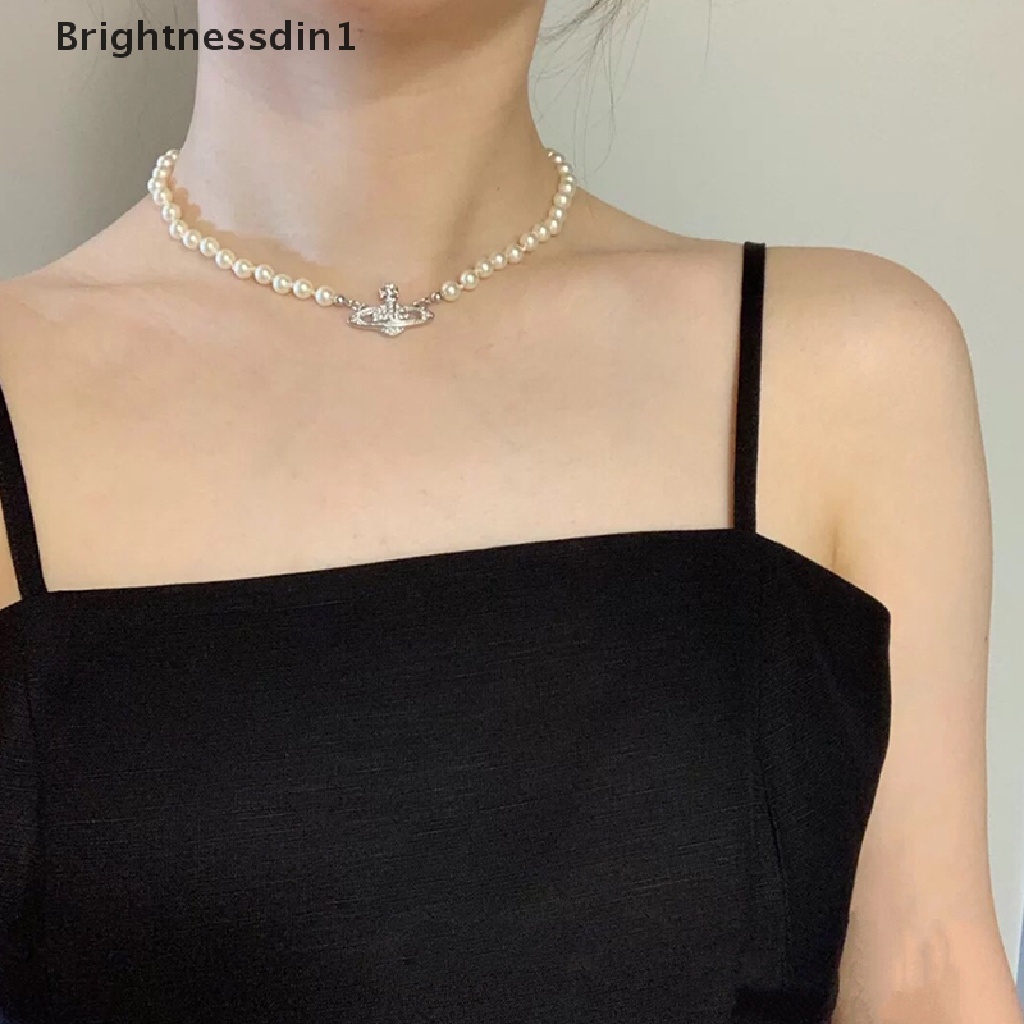 [Brightnessdin1] 1 Pc Gold Silver Saturn Pearl Necklace Pearl Beaded Kristal Berlian Imitasi Kalung Butik