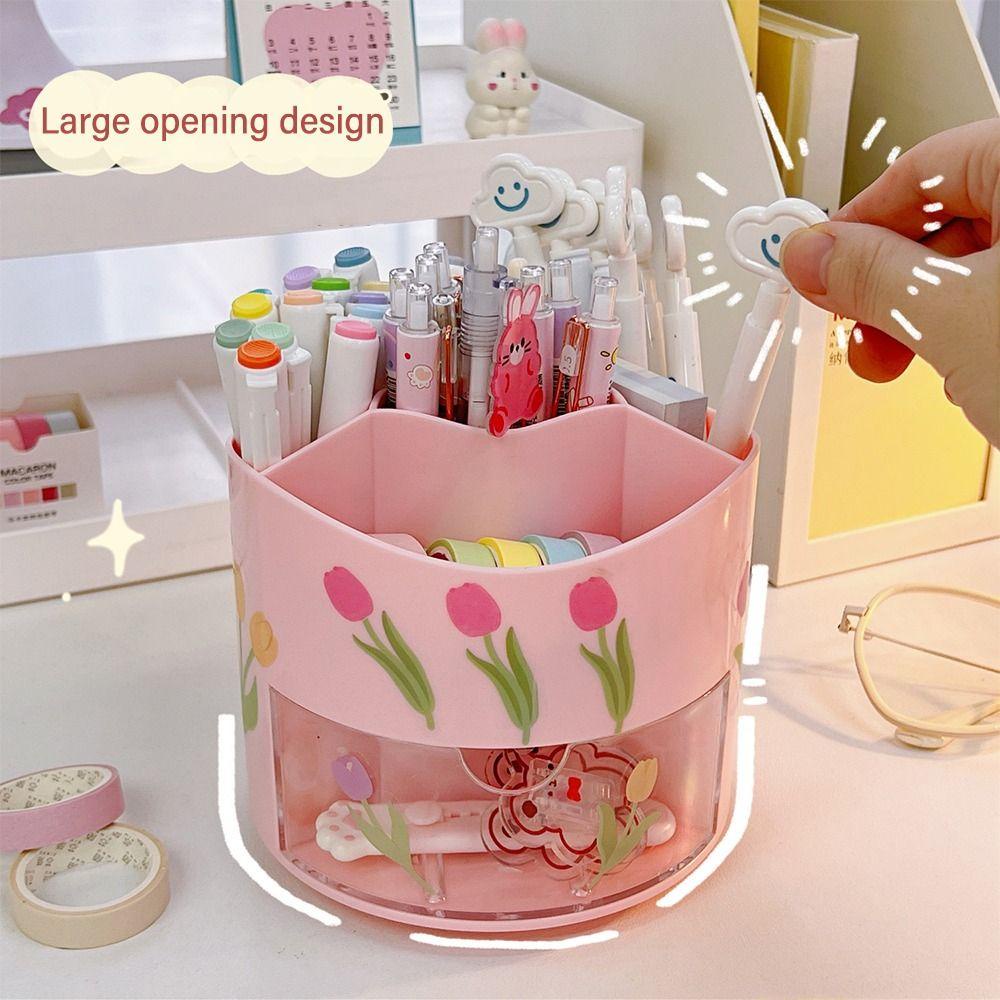 R-FLOWER Pen Holder School Office Supplies Pencil Box 5 Grid 360 Degree Rotating Desktop Organizer