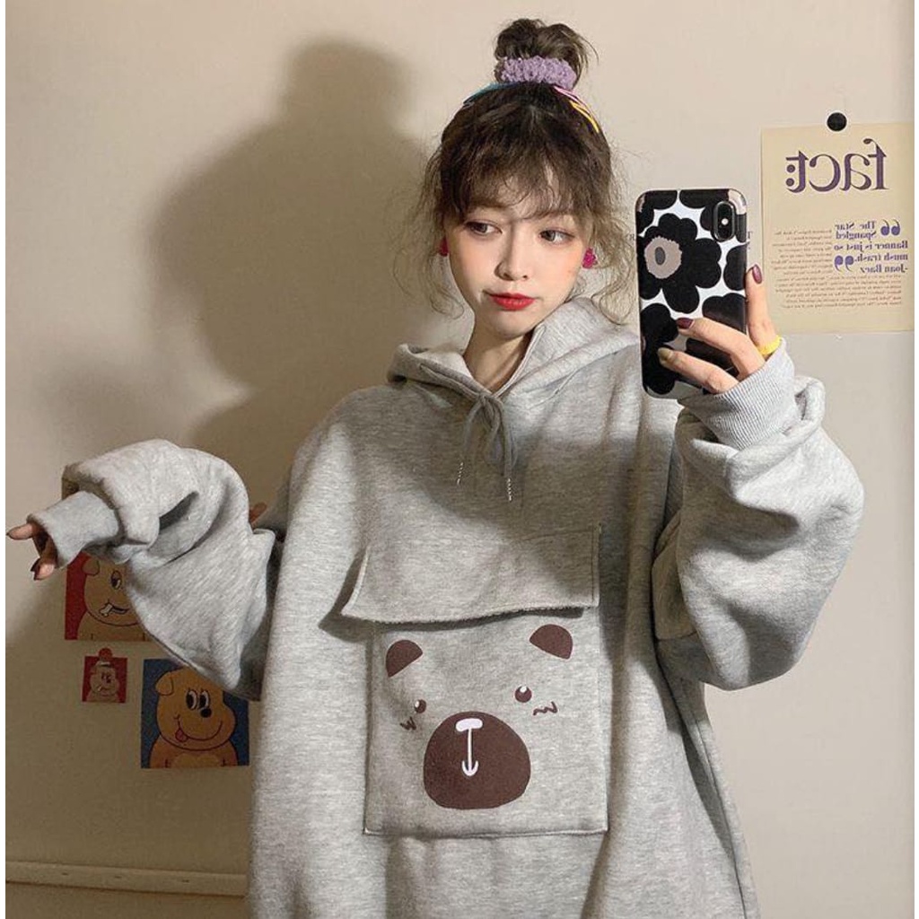 SWEATER HOODIE POCKET BEAR OVERSIZE / SWEATER HOODIE WANITA KOREAN STYLE